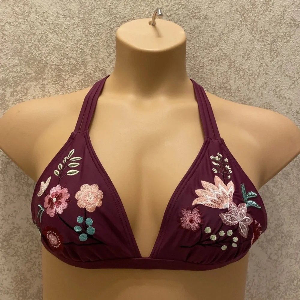 Time and Tru Burgundy Floral Bikini Top
